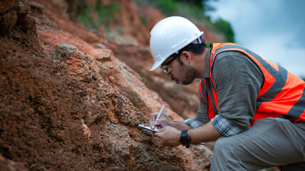 A geologist is examining the rock layers of a mountain.