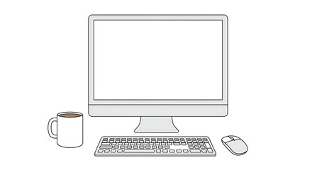 Fototapeta premium Minimalist Computer Setup with Coffee Cup, Keyboard, and Mouse o
