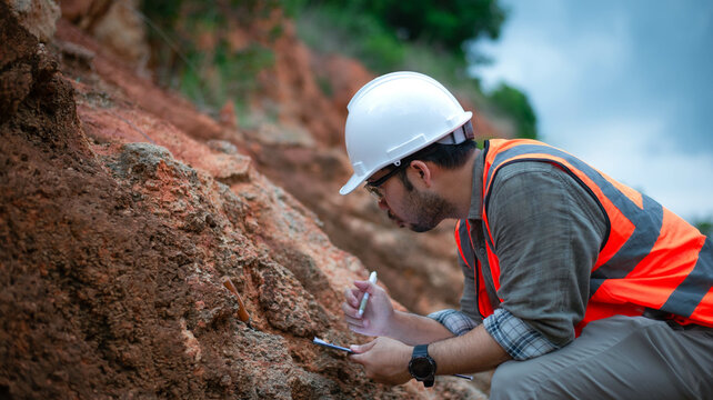 A geologist is examining the rock layers of a mountain.