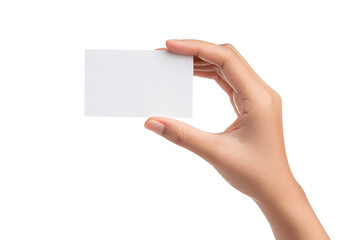 Closeup empty female hand holding invisible business card isolated on transparent or white background