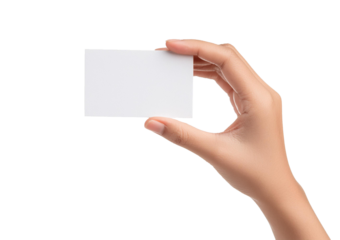 Closeup empty female hand holding invisible business card isolated on transparent or white background