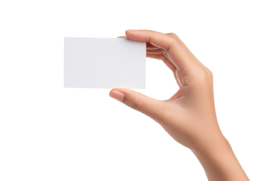 Closeup empty female hand holding invisible business card isolated on transparent or white background