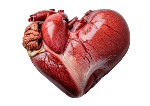 Close-up with a real animal heart isolated on transparent or white background