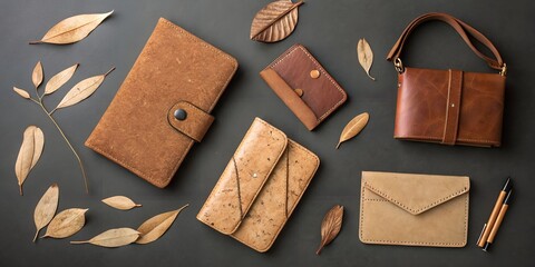 Flatlay of Handmade Leather Goods and Dried Leaves