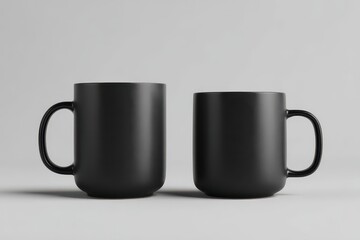 Two matte black cylindrical mugs, varying in size, sit on a light grey background.  A subtle shadow is cast beneath each mug