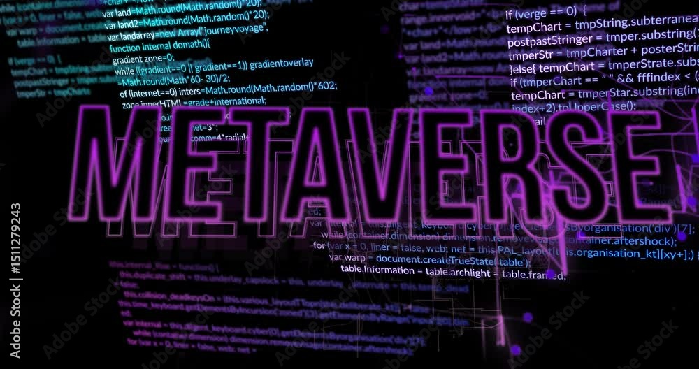 Poster 3d code fragments initiating neon purple metaverse outline sharpening as nodes connecting network