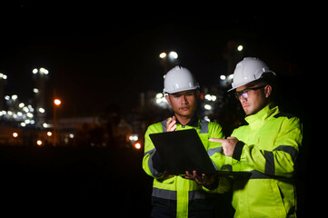 Expert engineers are working together to plan the installation of a large power transformer in a factory area during the night.