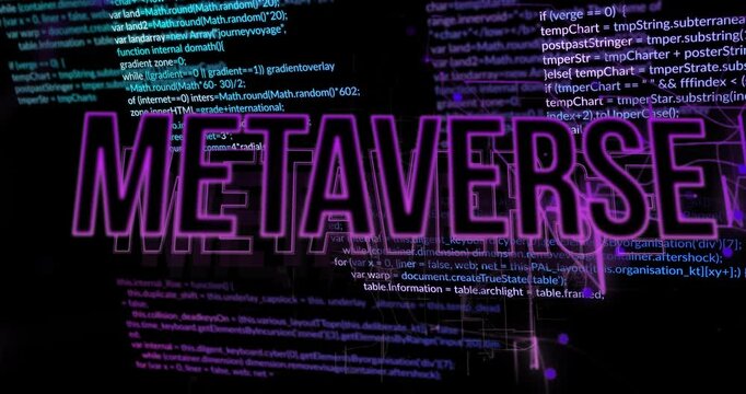 3D code fragments initiating neon purple METAVERSE outline sharpening as nodes connecting network