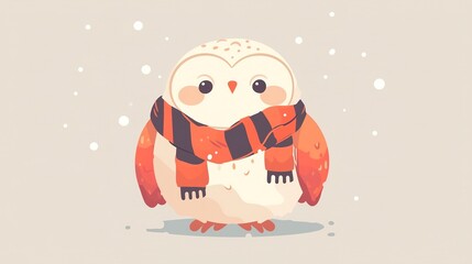 Fototapeta premium Flat style owl mascot wearing a cozy scarf, charming illustration with bold outline and sticker style in a circular design and limited color palette of coral, beige and grey