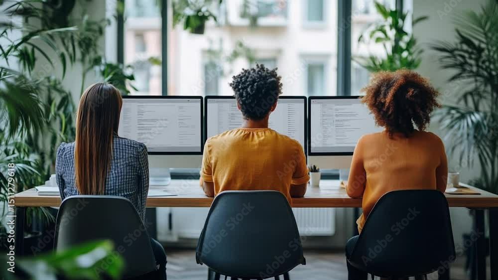 Poster diverse team working on computers in bright office environment