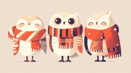 Fototapeta premium Flat style owl mascot wearing a cozy scarf, charming illustration with bold outline and sticker style in a circular design and limited color palette of coral, beige and grey