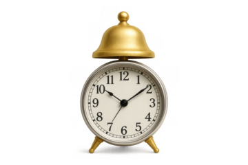 Vintage golden bell alarm clock showing precise time, transparent backdrop highlighting classic timepiece design for graphic needs