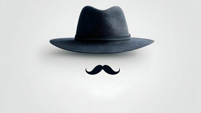 A stylish black fedora hat sits above a neatly trimmed black mustache against a plain white background perfect for vintage or mystery themed designs.