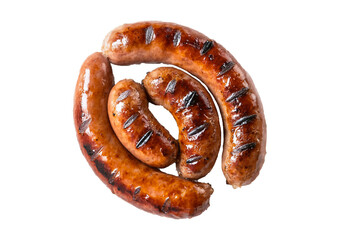 Grilled sausage with burn marks top view isolated on transparent or white background