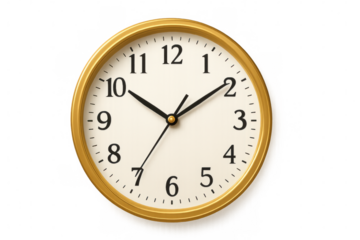 Classic golden wall clock with black hands showing seven twenty-five isolated on transparent background