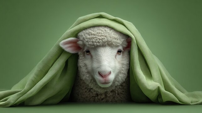 Adorable Sheep Hiding Under Soft Green Fabric Cute Animal Photography Studio Shot Green Background Peaceful Fluffy Wool Sheepling Sweet Gentle Nature Wildlife Image pet lamb farm  