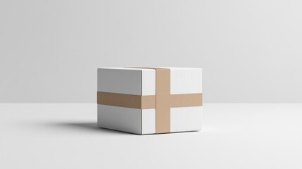 Obraz premium White Gift Box Secured with Beige Tape on White Background