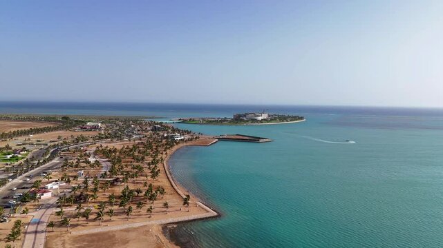 Yanbu, Saudi Arabia - May 20 2025, Aerial view panorama marina and sea front, Yanbu, Saudi Arabia 4k drone video