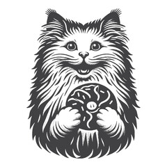Fototapeta premium Vintage Hand-Drawn Turkish Angora Holding a Donut Joyfully Illustration – Playful Cat Engraved Style Vector for T-Shirts, Posters, Stickers, and Sweet Treats Themes Apparel
