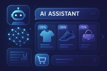 Futuristic AI Shopping Assistant Interface with Product Recommendations and Discounts - E-Commerce and Artificial Intelligence Concept