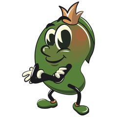 manggo retro vektor illustration mascot character crowned like a king while folding his arms calmly, work of hand drawn