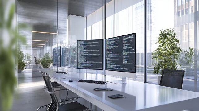 Modern office workspace with multiple computer screens displaying code