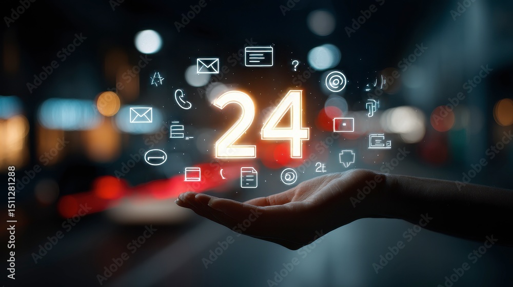 Poster hand holds a glowing 24 hour symbol surrounded by communication icons continuous service and support