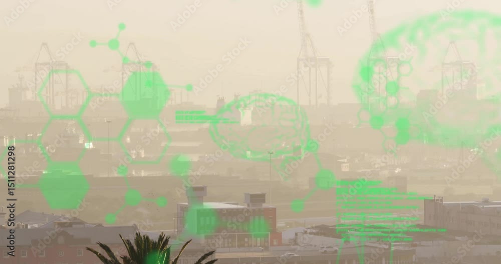 Poster overlay elements fading data filling network expanding to create interface over hazy port skyline