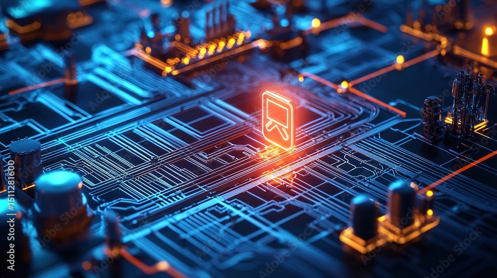 Poster a glowing futuristic circuit board with highlighted pathways and digital elements, symbolizing advan