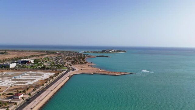 Yanbu, Saudi Arabia - May 20 2025, Aerial view panorama marina and sea front, Yanbu, Saudi Arabia 4k drone video
