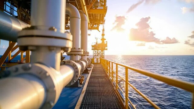 Close-up on offshore oil rig pipeline with flanges and bolts extending over blue ocean waves in bright sunlight for energy production