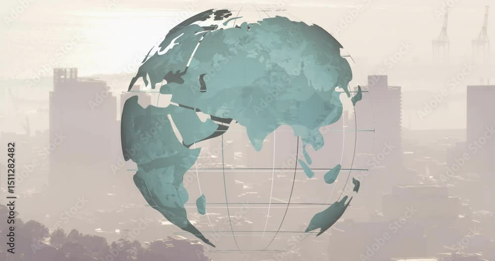 Poster on animation start 3d globe rotating over hazy skyline illustrating global connectivity