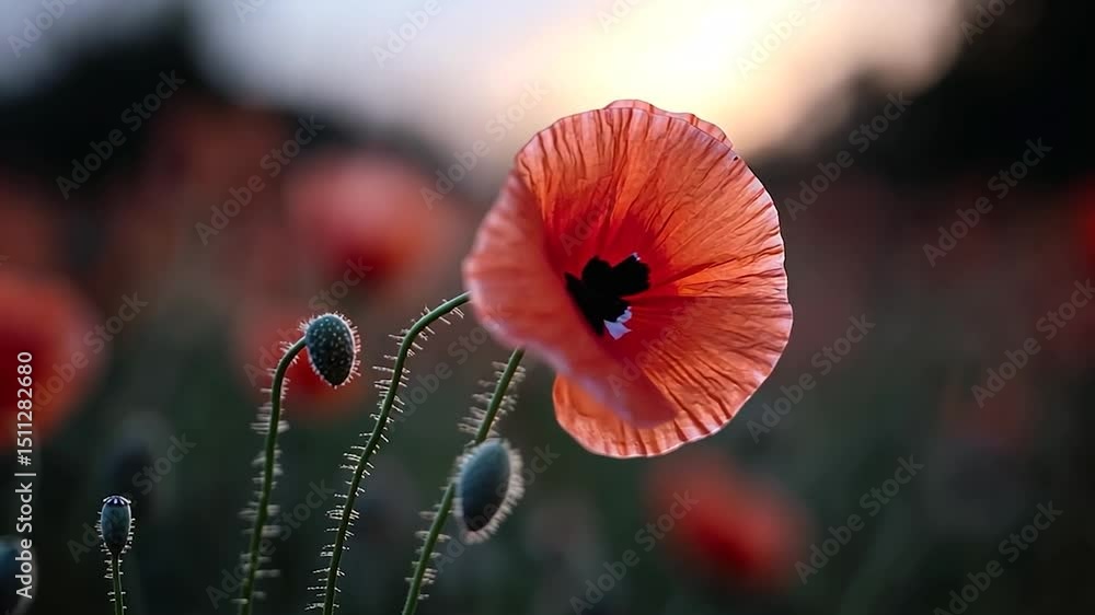 Poster close-up view of a vibrant red flower in full bloom with a dark center the background blurry creatin
