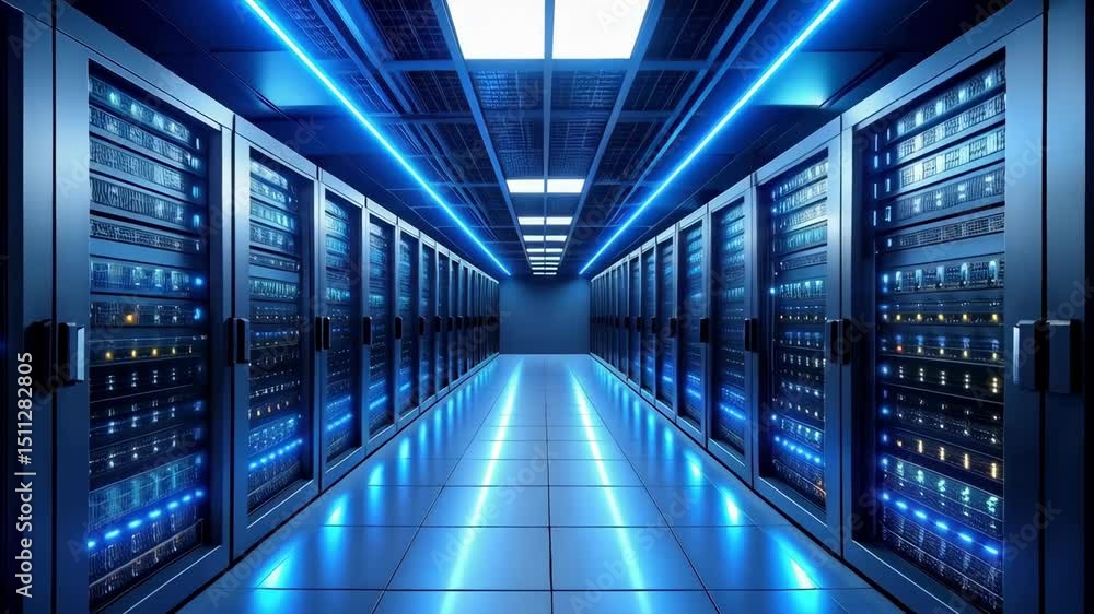 Poster isometric view of server room with rows of modern computer equipment and blue neon lights reflecting