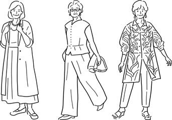 ミドル世代の女性ファッション全身手描きイラスト