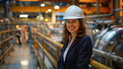 Confident female engineer smiling in modern industrial facility wearing hard hat and suit
