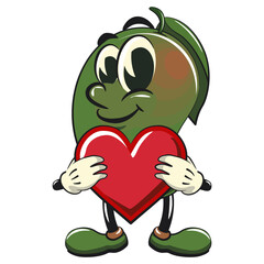 manggo retro vektor illustration mascot character hold the heart with love, work of hand drawn