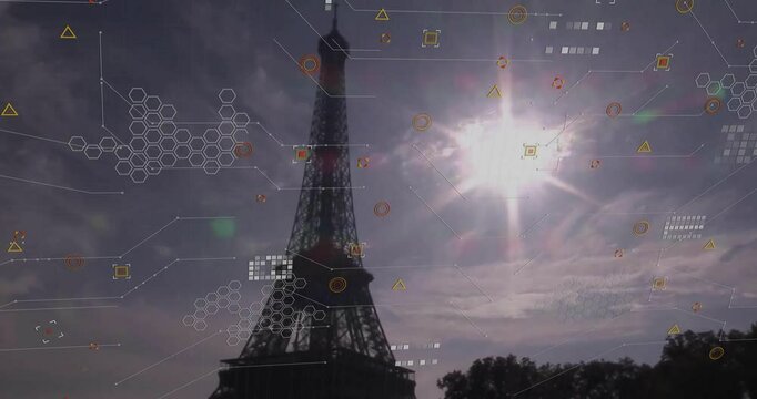 Sun shining driving data overlays emerging over Eiffel Tower framing tower and sun in HUD network