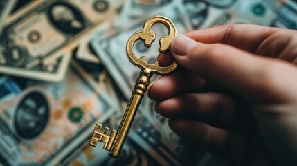 Hand holds golden key over US money