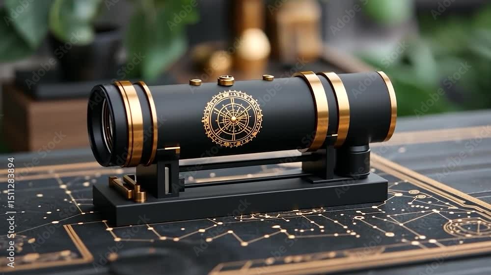 Poster detailed studio shot of a black and gold cylindrical object placed on a dark surface with celestial 