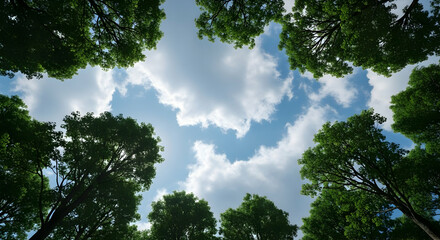 Obraz premium Green Trees Reach Towards Cloudy Blue Sky Nature Background