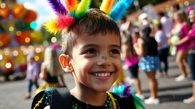 Joyful child with feathered headdress smiling at a street festival in bright sunlight with vibrant colors