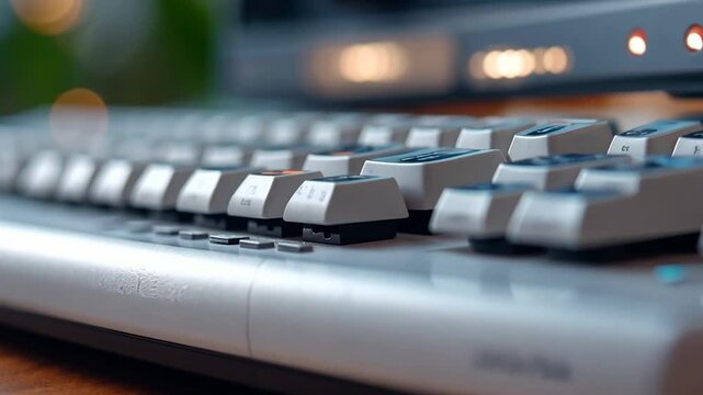 Close-up view of a mechanical keyboard with white keycaps and gray base illuminated by soft lighting suggesting a workplace setup with an out-of-focus background
