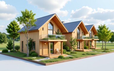 Sustainability rebalanced concept. Modern wooden houses with balconies surrounded by greenery.
