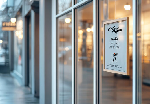 Framed Coffee Shop Sign Mockup on Storefront Window