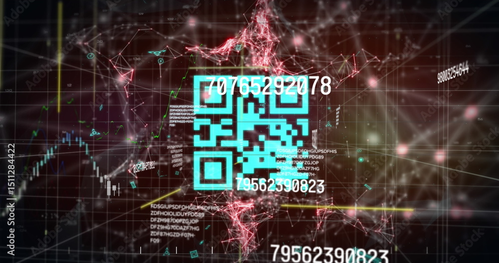 Poster image of qr code over numbers, graph, data and brown background