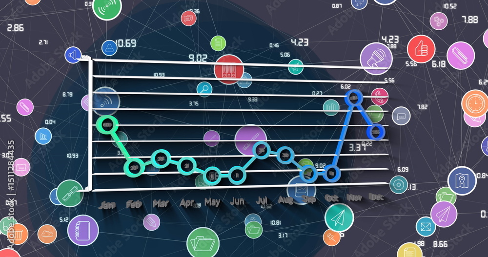 Poster image of graph and network of connections over violet background