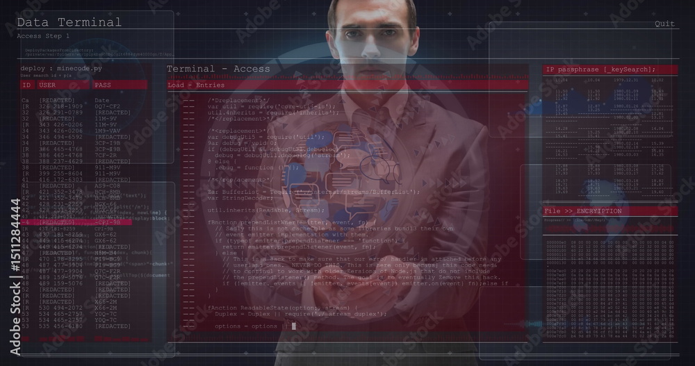 Poster image of data processing over caucasian businessman and globe