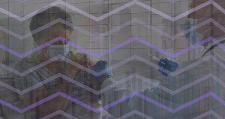 Image of data processing over caucasian female doctor with face mask