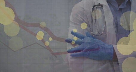 Image of data processing over caucasian doctor with medical gloves